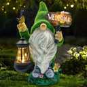 Lovinland Garden Gnome Statue Outdoor Decor Large Flocked Resin Gnome Figurine with Solar Light Holding Lantern Welcome Sign Garden Yard Decorations Dwarf Sculpture for Outside Patio Porch Lawn Decor