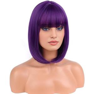 RightOn 12 Inches Dark Purple Wig Short Straight Bob Wig with Bangs Deep Purple Bob Wig for Women Daily Party Hairnet Include