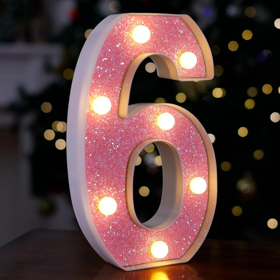 LED Letter Lights Pink Glitter Marquee Letters Light Up Alphabet Letters Sign Battery Powered for Home Party Decoration Night Bar Wedding Birthday Christmas Lamp Girls Gift - Number 6