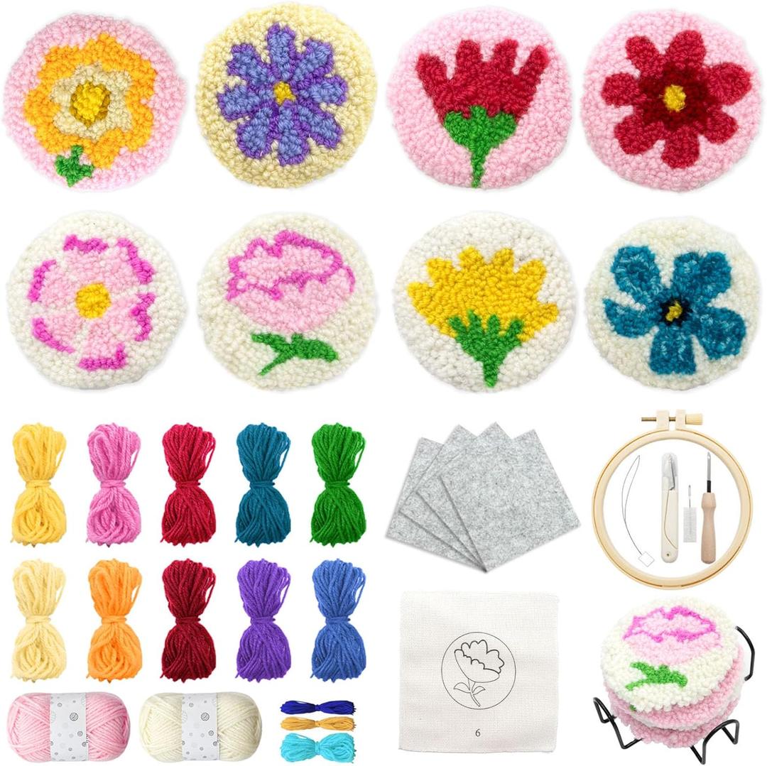 Soleeya Punch Needle Kits Adults Beginner 8 Pcs Floral Punch Needle Embroidery Kit Punch Stitching Including Yarn Tools and Tutorials Easy to Start Rug Tufting Coaster DIY Craft Gifts