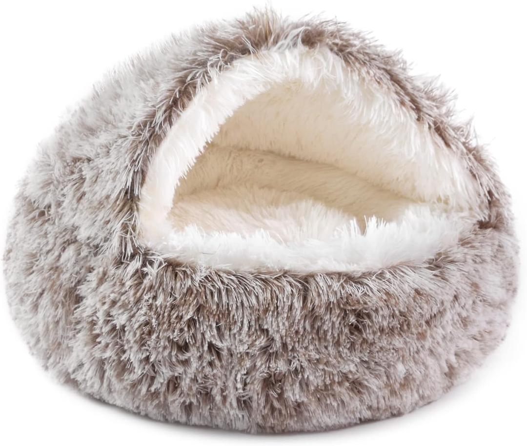 NOYAL Round Hooded Donut Dog Bed for Small & Medium Pets - Plush Fluffy Anti-Anxiety Cat Cave Bed with Cover (Large 27.5'', Gradual brown)