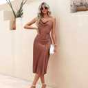 Ekouaer Womens Satin Nightgown Sexy Lingerie Sleepwear Spaghetti Strap Cowl Neck Elegant Long Slip Satin Silk Midi Dress (Brown, L)