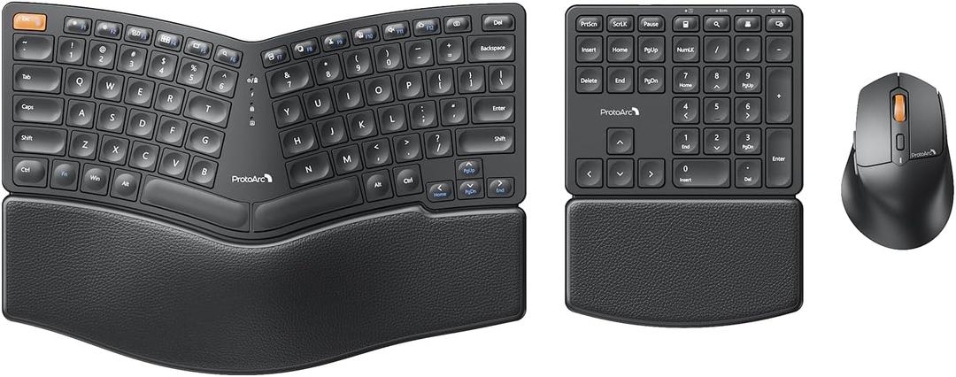 ProtoArc Ergonomic Keyboard Mouse, EKM04 2.4GHz Wireless Ergo Keyboard Mouse Combo, Separate Numeric Keypad, Split Design, Wrist Rest, Rechargeable, for Windows, Desktop, PC, Laptop (Black)