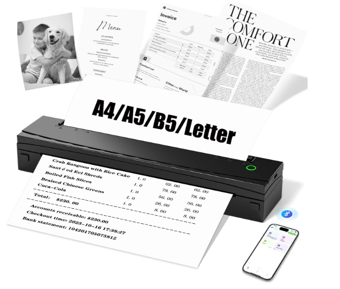 NDYIN Portable Printers Wireless for Travel, N80 Wireless Thermal Printer Bluetooth Inkless Printer Support 8.5" X 11" US Letter & A4, Compatible with iOS, Android, Laptop