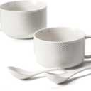 Microwave Soup Bowls with Handles: 38 Ounce Extra Large Ceramic Soup Mug with Handle & Spoon - Oversized Ramen Bowl Set of 2, 6 Inch, White