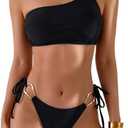 SHENHE Women's One Shoulder Bikini Set Ring Linked Sexy String Thong Bikini Swimsuits 2 Piece (Medium, Black)