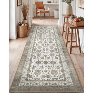 DEXI Hallway Runner Rug, 2x7 Distressed Non Slip Runners Carpet, Boho Vintage Soft Thin Indoor Rug, Stain Resistant Washable Entry Mat for Entryway Kitchen Laundry Room Living Room, Warm Brown
