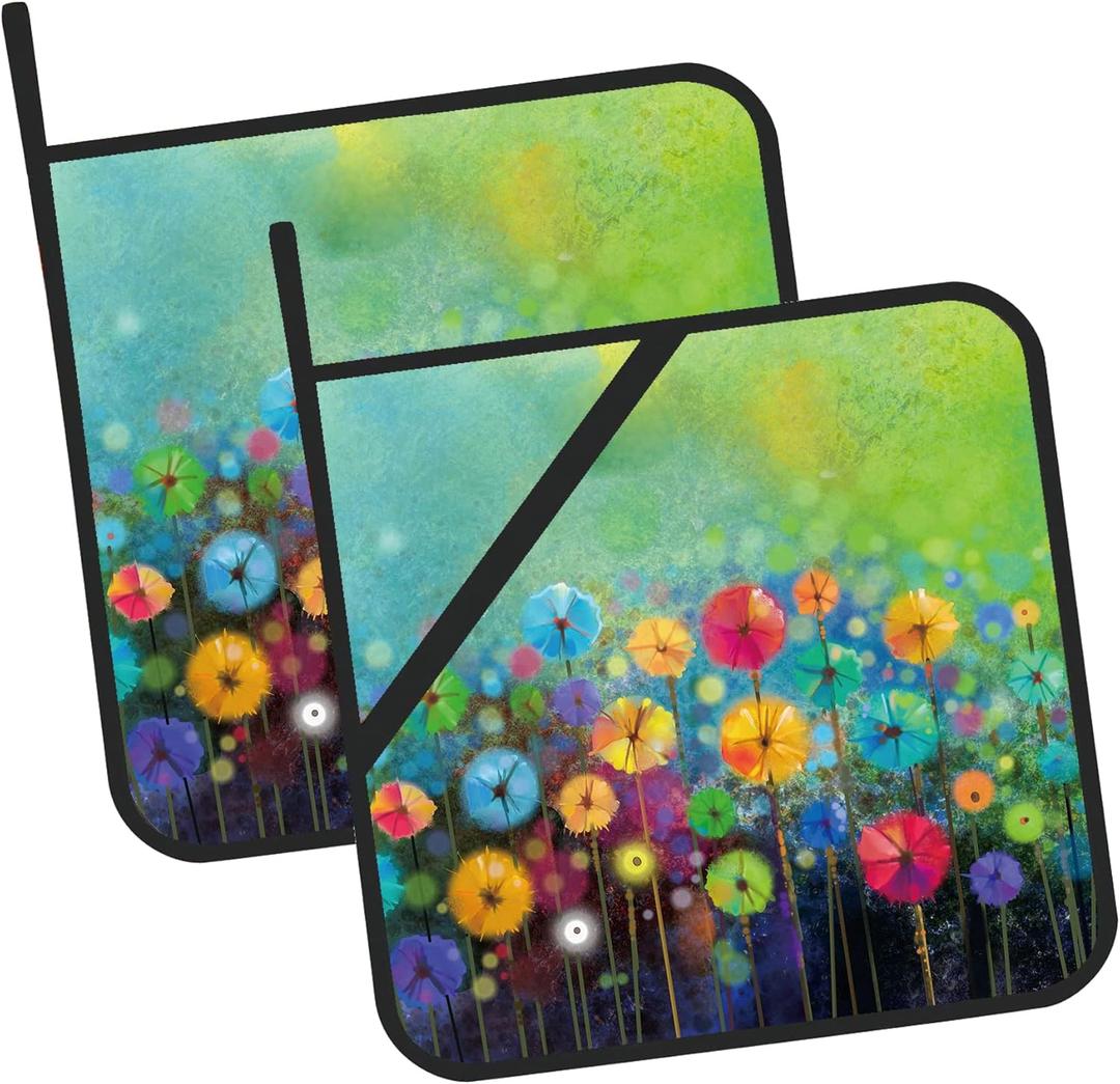 Abstract Floral Watercolor Painting Pot Holders Set of 2 Kitchen Heat Resistant Potholder for Microwave Cooking Baking Oven End Dishes and BBQ