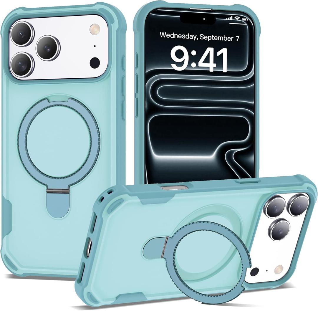 Compatible with iPhone 17 Pro Max Case 6.9'' with Magnetic Ring Stand [Military Drop Protection][Compatible with MagSafe] Shockproof 17 Pro Max Phone Case for Men Wowen,Cyan