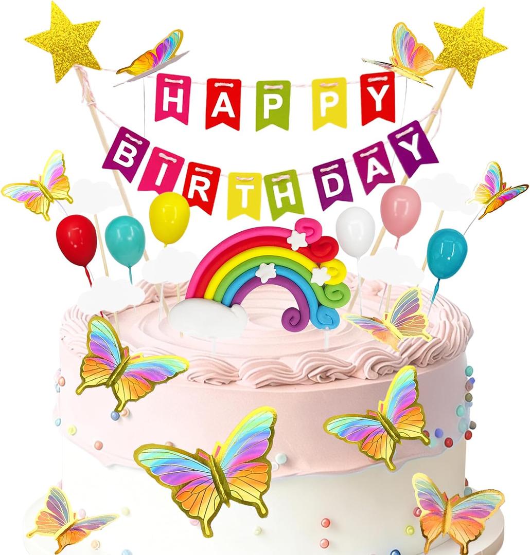 Happy Birthday Stars Banner Cake Topper - 23Pcs Butterfly Rainbow Cloud Balloon Cake Decoration for Baby Shower Birthday Party Cake Decor Supplies