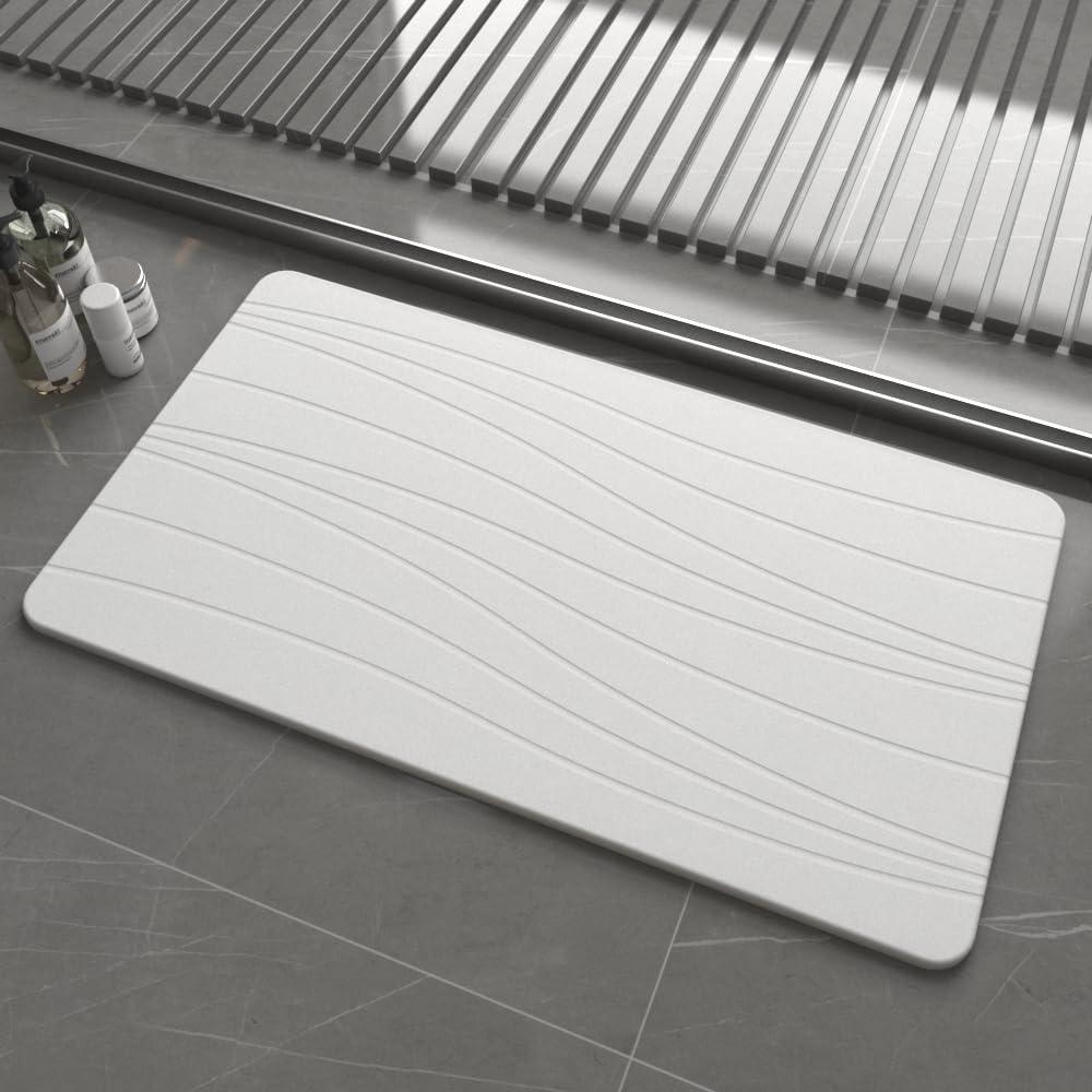 Extra Large Stone Bath Mat, 30'' x 17'' Diatomaceous Earth Non-Slip Stone Shower Mat, Super Absorbent Diatomite Stone Mats for Bathroom White XL Flow