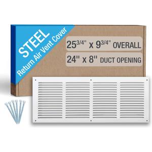 24 x 8 Inch (Duct Opening) Return Air Vent Cover, Louvered Steel HVAC Grille for Wall and Ceiling, White Powder-Coated Rust-Resistant Finish, Decorative Design, Easy to Install