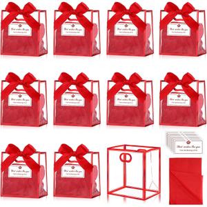 Tenare 12 Pack 42.84.5 Inch Mini Clear Plastic Gift Bags with Handles Wedding Extra Small Transparent Party Favor Bags Bulk with Ribbon Tissue Paper for Graduation Party Supplies(Red)