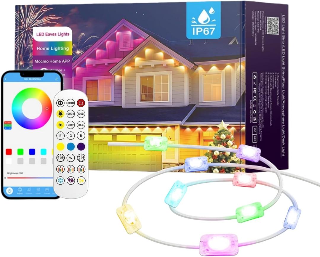 YCSTZM Permanent Outdoor Lights,50ft Smart RGB LED Outdoor Light Strip with Remote APP Control,IP67 Waterproof Christmas Fairy Lights for Christmas Decor,Halloween,Holiday,Party, House Outside Decor