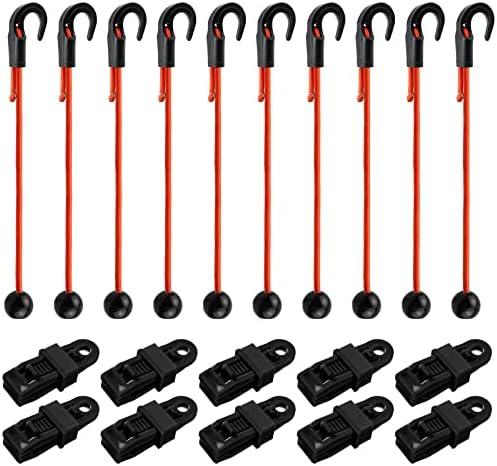 NEWCOMDIGI Tarp Clips and Bungee Cords Set, 20 Pack Heavy Duty Lock Grip and Adjustable Bungee Strap with Hooks, 24inch Elastic Bungie Cord and Tent Fasteners