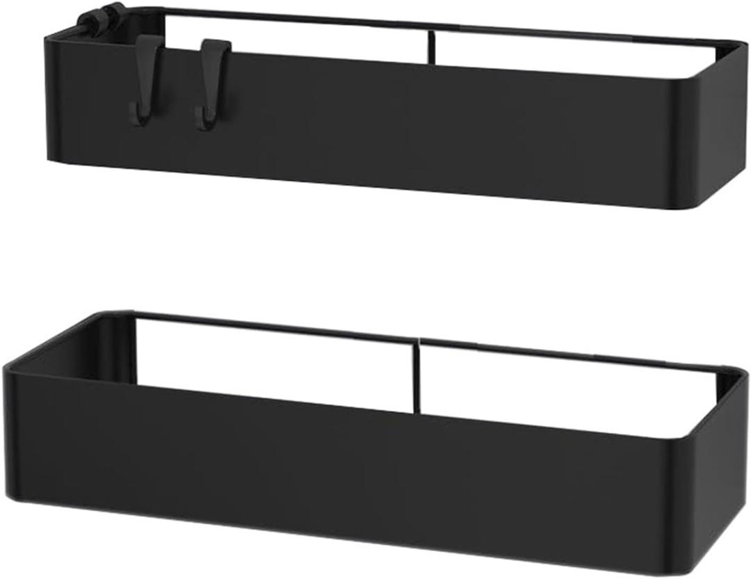 Shower Caddy, Shower Organizer,2 Pack Shelf Organizer Rack, Self Adhesive Black Bathroom Shelf Basket with 4 Hooks, Wall Inside Organization,Apartment Essentials