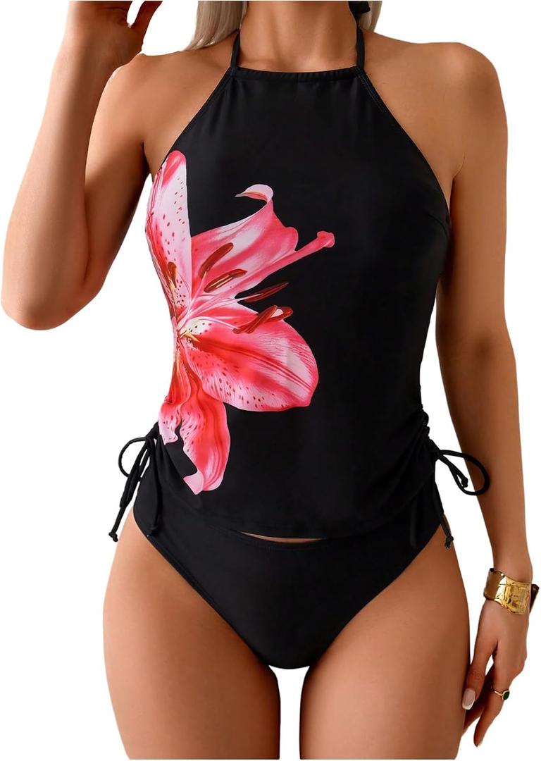 Floerns Women's Two Piece Tankini Swimsuits Floral Halter Drawstring Bathing Suit Swimwear, L