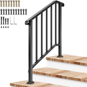 VIVOSUN Outdoor Handrail, 3 Step Stair Handrail, 40" x 36" Fits 1 to 3 Steps, Wrought Mattle Iron Stair Railing with Curved Ends and Balusters for Concrete Steps, Porch Steps, One-Step Assembly, Black