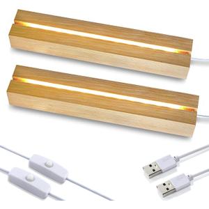 ZEERSHEE 2 Pcs 9.4 Inch Wooden Rectangle LED Light Display Pedestal for Acrylic and Plexiglass Crystal Glass Resin Night LED Light Lamp Base with USB Switch, (Warm Light)