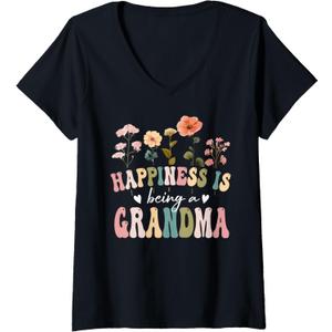 Womens Happiness is Being a Grandma Floral Grandma Mother's Day V-Neck T-Shirt, XL