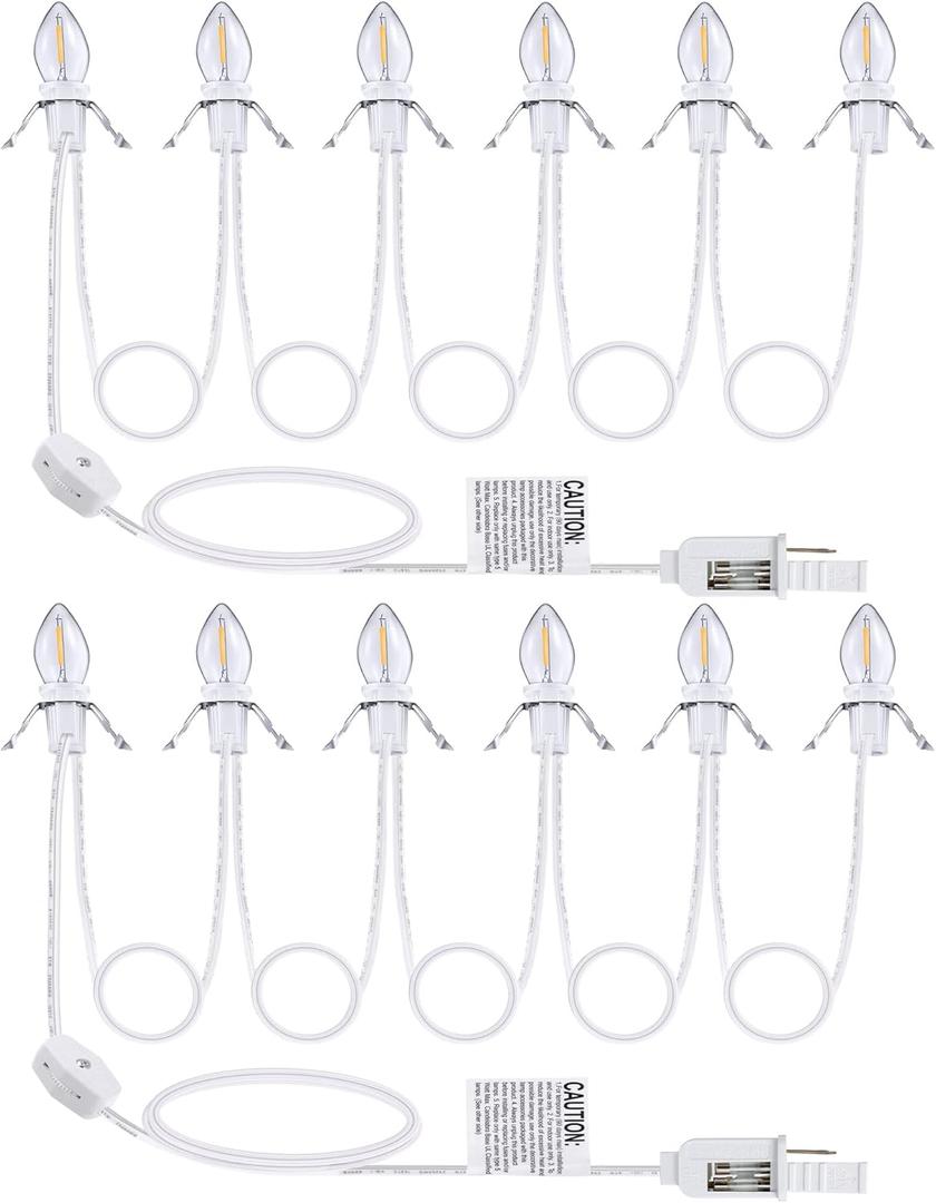 Christmas Village Light Accessory Cord with 6 LED Bulb, 11.5 ft C7 LED Lamp with Dual Fuse and On/Off Switch Plugs for Christmas Village House Crafts Pumpkin Lights (2 Pack)