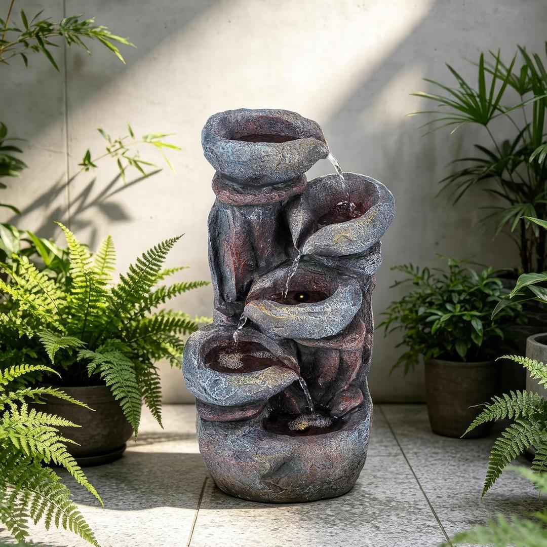 19.9" H Water Fountain Outdoor,5-Tiers Cascading Stacked Stone Bowl Waterfall Fountain with LED Lights for Garden or Patio Yard Deck Decor