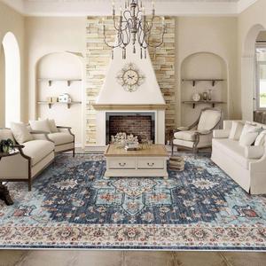 TOPRUUG Washable Oriental Area Rug - 10x12 Rugs for Living Room Soft Carpet for Bedroom Waterproof Floral Distressed Indoor Stain Resistant Non-Shedding Floor Carpets (Blue/Teal/Orange, 10x12)