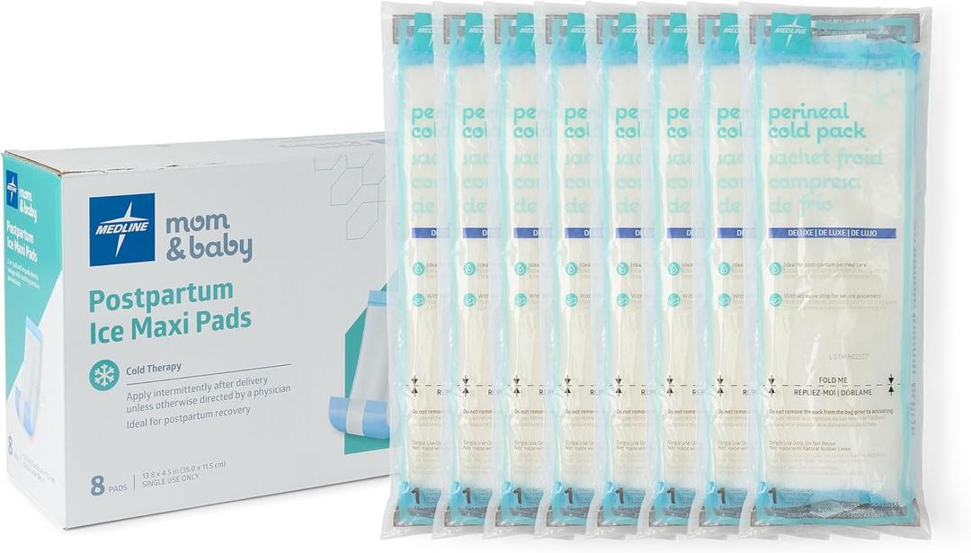 Medline 2-in-1 Absorbent Perineal Pad and Instant Cold Ice Packs for Postpartum Care (8 Count). Ready-to-use Essential for After Delivery, Maternity, Postpartum Care