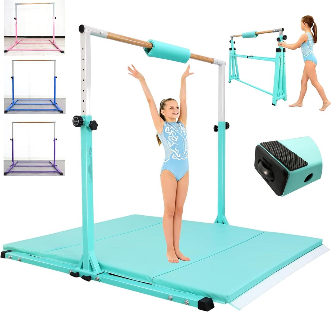 Seliyoo Foldable Gymnastics Bar for Kids Teens Ages 3-18, 5FT/6FT Kip Training Bar -Sturdy Base for Home Training,Adjustable Height 35" to 59" for, 400 LBS Capacity,Anti-Slip Base & Easy Assembly (Three base connections, Fresh Mint- with Mat)