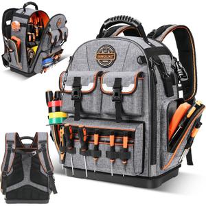 Tool Backpack Heavy Duty LOKASS Tool Backpack with Molded Base, 1680D Tool Organizer with Laptop Compartment & Combination Lock, Water-Resistant Electrician & HVAC Tool Bag, Stands Upright