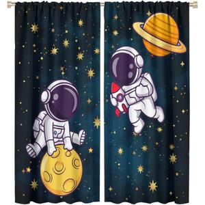 Kids Astronaut Window Curtains, Funny Spaceman Moon Planet Window Treatments for Boys Bedroom Cartoon Galaxy Outer Space Starry Star Window Drapes for Girls Living Room Playroom 42x45in