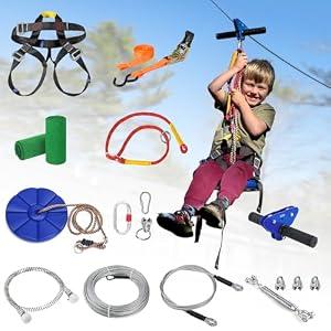 Zipline for Backyard Kids and Adults, Zipline Kit with Stainless Steel Spring Brake, Cable Tensioning Kit, Safety Harness, 2 Tree Protectors and Full Set of Zip Line Accessories with 1/4 inch Cable