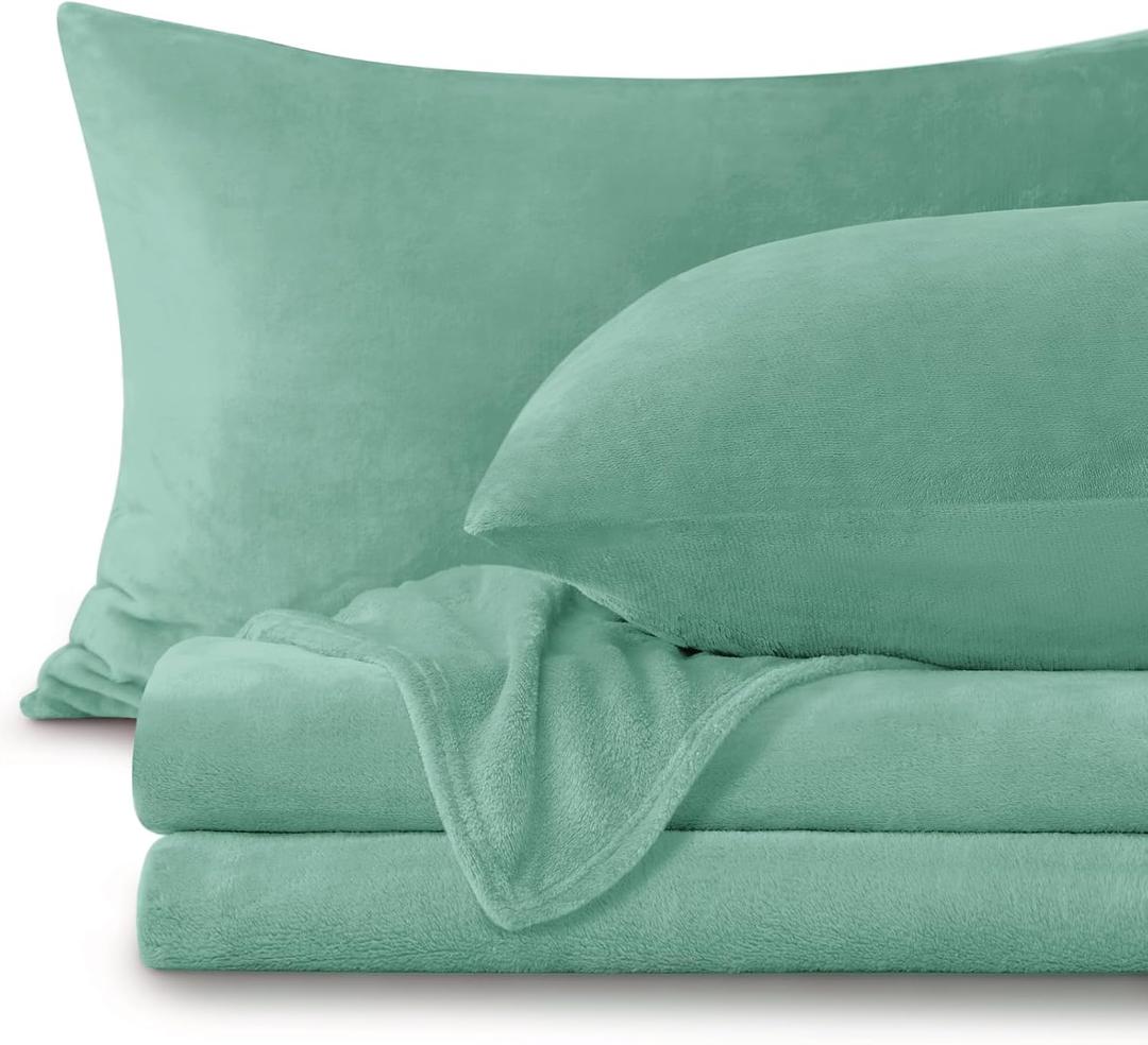 BEDELITE Flannel Sheets Queen Size Sage Green - Super Soft Fleece Sheets Set Fluffy Extra Plush, 4 Piece (Include Fitted Sheet, Flat Sheet, 2 Pillowcases) Haze Blue 