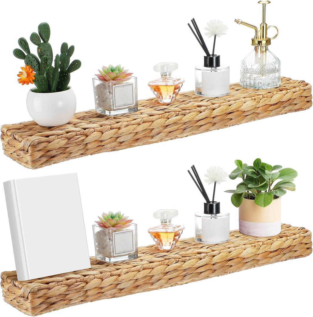 Pinkunn 2 Pack Handwoven Water Hyacinth Floating Wall Shelf 23.6 Inch Woven Wall Mounted Shelf Rustic Floating Shelves for Bathroom Bedroom Kitchen Living Room Storage Shelves Over Toilet, 23.6 x 4.7 x 2 inches