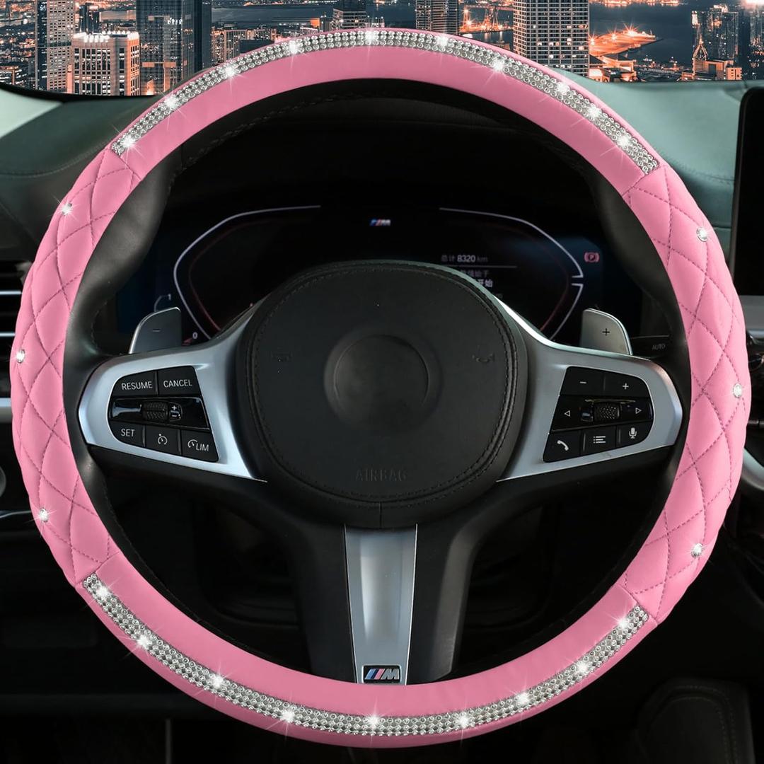 Diamond Steering Wheel Cover14.5-15 Inch Car Steering Wheel Cover with Bling Crystal RhinestoneDelicate and Anti-Slip Sparkly Car Wheel Protector for Women GirlPink