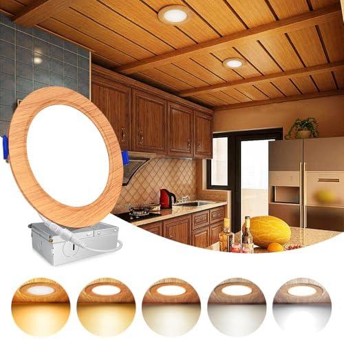 LTBLIGHT 12 Pack 4 Inch Wood Grain LED Recessed Lighting, 1200LM 12W Eqv 150W, Dimmable Recessed Lights, 5CCT 5000K/4000K/3500K/3000K/2700K Selectable Wafer Downlights