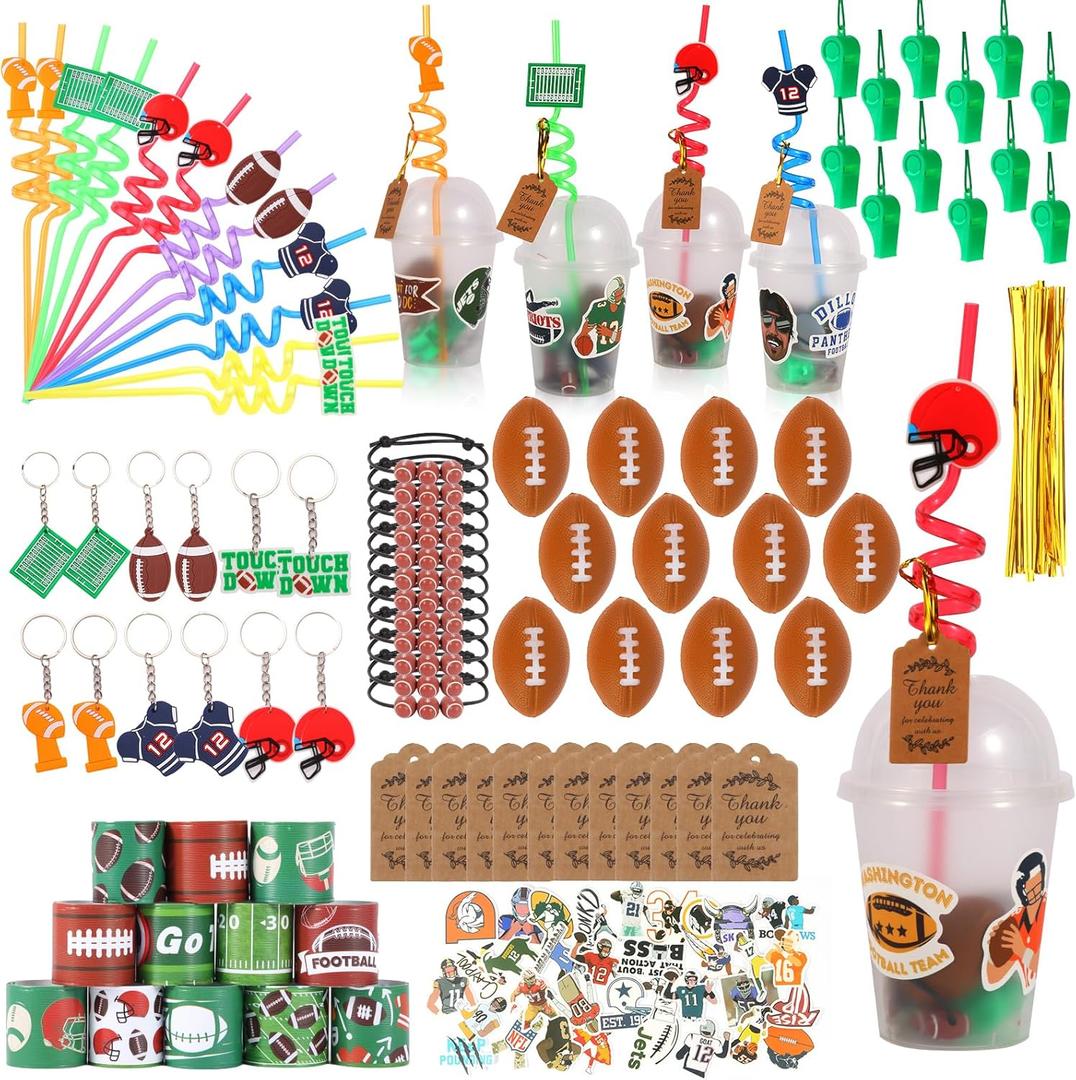 LiYiQ 158 Pcs Football Party Favors Football Party Supplies with Cup Straw Stress Ball Keychain Sticker Slaps Bracelets Whistle Thank You Tags for Football Birthday Decorations