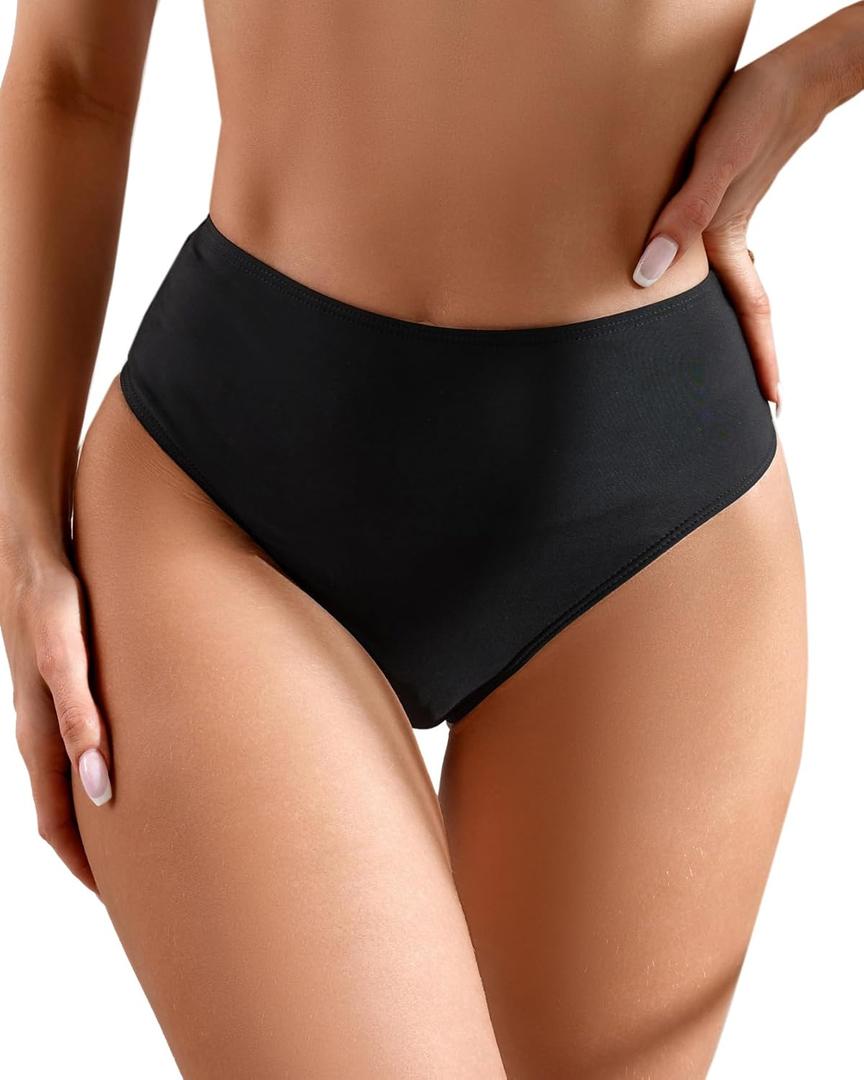 Women's Sexy High Waisted High Cut Cheeky Thong Bikini Swimsuit Bathing Suit Bottoms (Medium, Black)