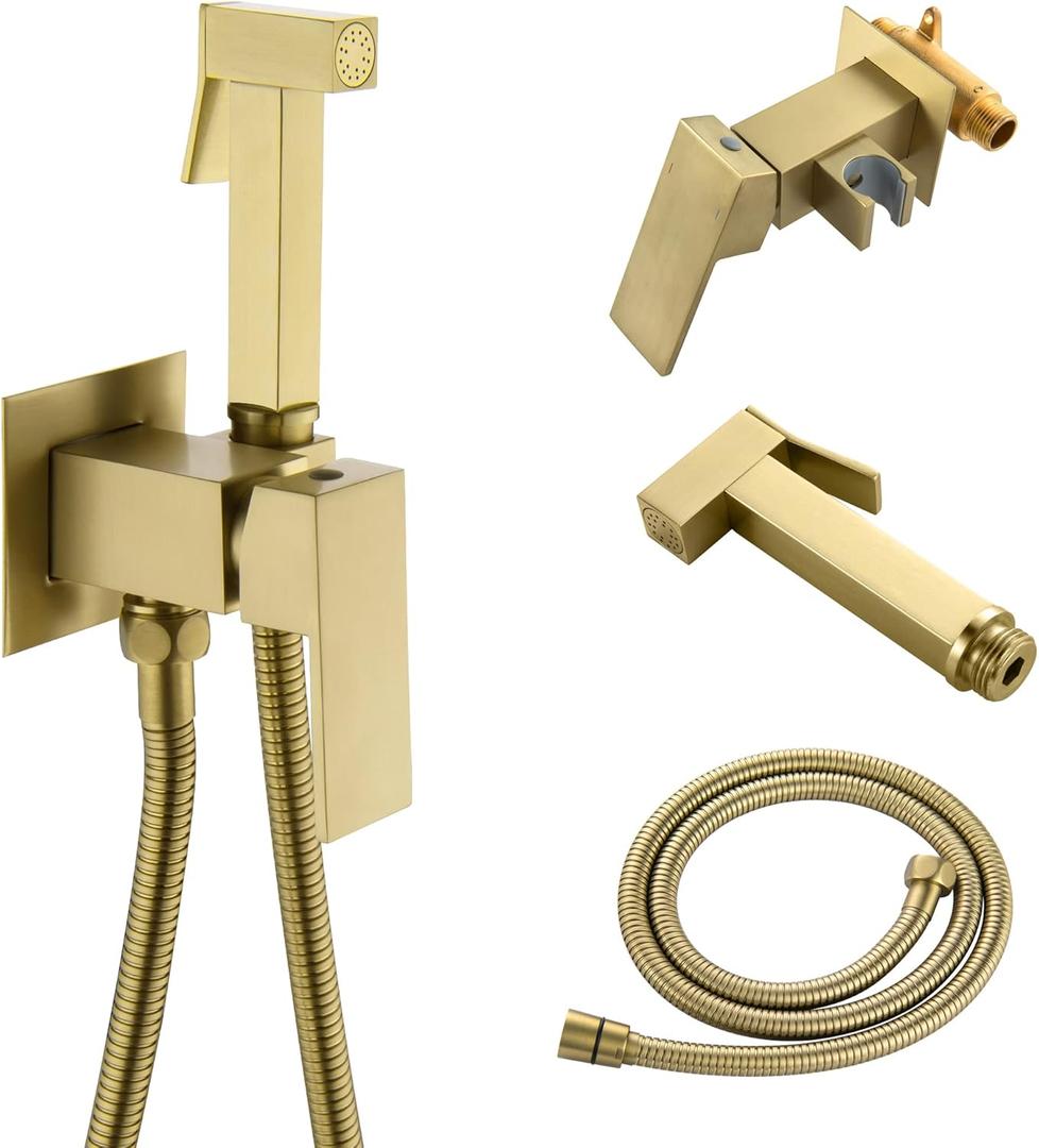 SHAMANDA Warm Water Bidet Sprayer for Toilet with Hot and Cold Brass Rough-in Valve, Stainless Steel Handheld Bidet Attachment Set for Feminine, Pets and Baby Diaper Wash, Brushed Gold, BDS08-3