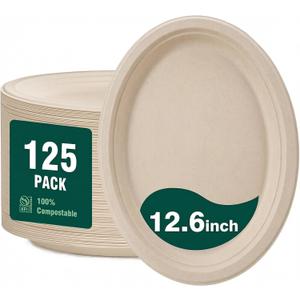 DaYammi 12 Inch Oval Paper Plates 125 Pack 100% Compostable Plates