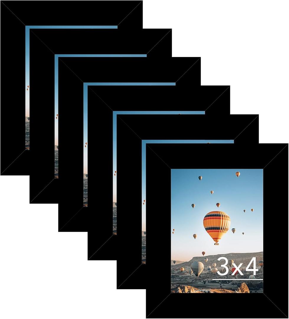 3x4 Picture Frame Set of 6 for Tabletop or Wall, 3 x 4 Wall Gallery Poster Photo Frame with Shatter Resistant Plexiglass, 6 Pack, Black
