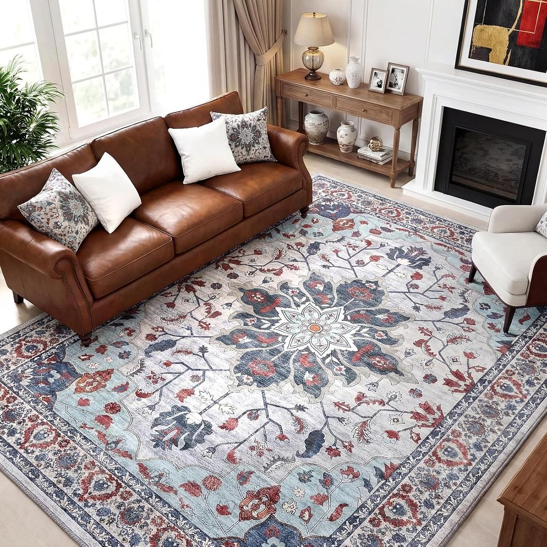 9x12 Area Rugs for Living Room, Machine Washable Boho Vintage Rug, Waterproof Surface & Non-Slip Backing, Foldable Soft Low Pile Floral Medallion Carpet for Bedroom Dining Room
