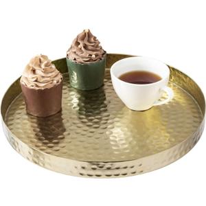 MyGift 11 Inch Deluxe Hammered Brass Round Decorative Tray - Aluminum Plated Serving Display Platter, Centerpieces and Vanity Tray - Handcrafted in India