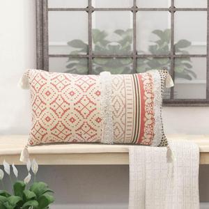 Single Boho Throw Pillow Cover for Couch Sofa - Lumber Cotton Hand-Woven Tufted Moroccan Decorative Pillow Cover with Tassels for Farmhouse Living Room Bedroom Car Hotel - Pink 12 x 20 Inches