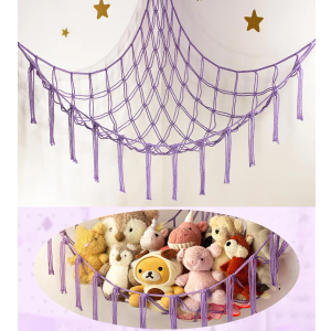 Stuffed Animal Storage Hammock or Net - Toy Hammock Net for Stuffed Animals Corner - Hanging Stuff Animal Organizer Holder Ideas for Plush Plushie - Purple Kids Baby Nursery Wall Bedroom Room Decor