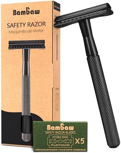 Bambaw Safety Razor for Men with 5 Double Edge Safety Razor Blades, Safety Razors for Men, Sustainable Metal Razor, Zero Waste - Black