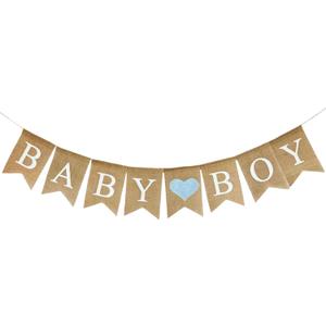 Baby Boy Burlap Banner  5" x 7" Pre-Assembled Jute Flags for Baby Shower & Gender Reveal with a Light Blue Heart
