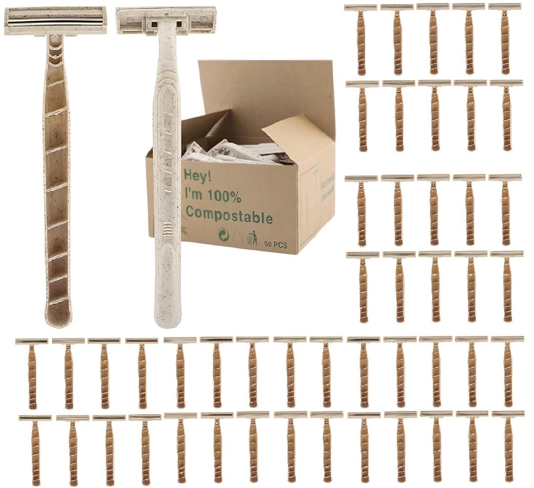 Disposable Razors Bulk for Men & Women Twin Blade Unisex Shavers Eco-Friendly, Biodegradable, Non-Toxic, Made from Recycled Wheat Straw 50 Count (Pack of 1) (50)