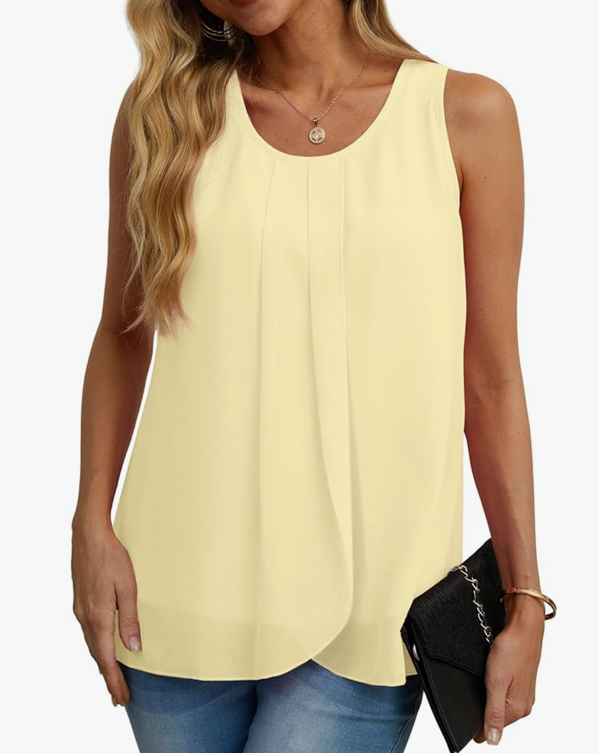 Quezhu Womens Summer Tank Tops Sleeveless Chiffon Double Layers Blouse Loose Round Neck Casual Shirts, Small 