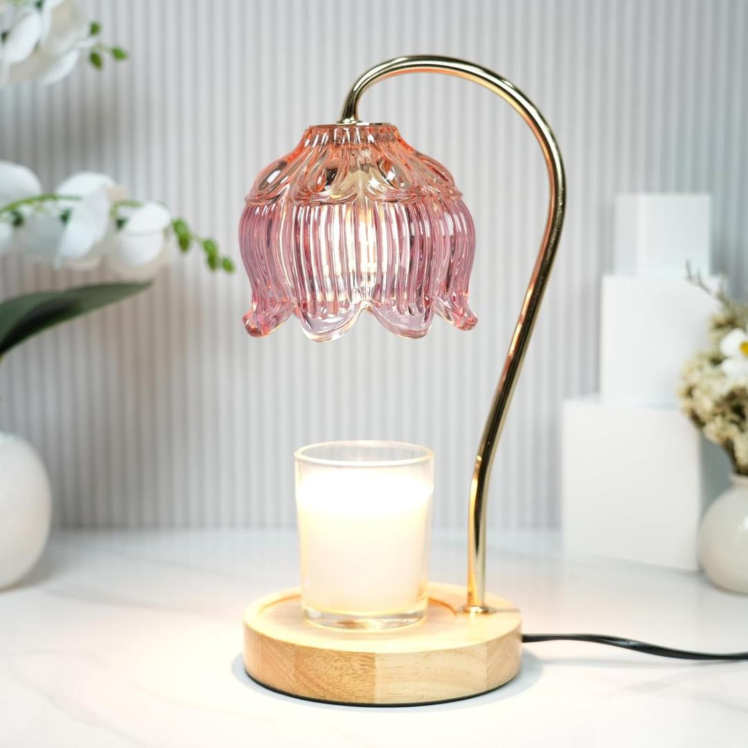 Dimmable Flower Candle Warmer Lamp, Pink Candle Warmer with Timer & 4Bulbs, Birthday Gifts for Women, House Warming Gifts, New Home Bedroom Decor